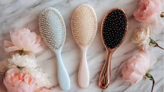 Lumiskin Cosmetics pastel and rose gold hair brushes for styling and scalp care