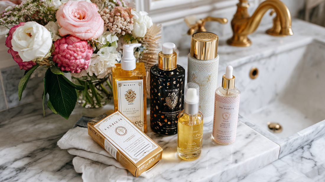 Lumiskin Cosmetics scalp care oils and treatments on marble sink with flowers