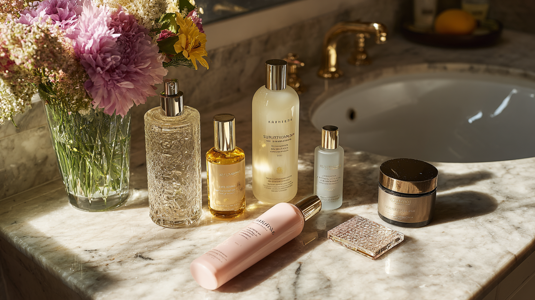 Lumiskin Cosmetics hair care products including shampoo, conditioner, and oils on marble sink with flowers