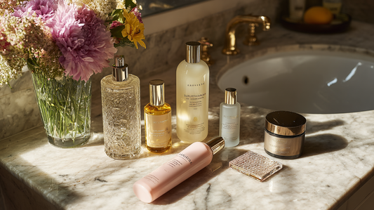 Lumiskin Cosmetics hair care products including shampoo, conditioner, and oils on marble sink with flowers