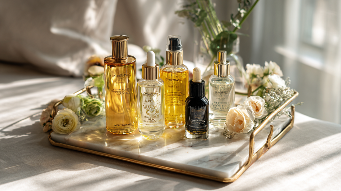 Lumiskin Cosmetics premium hair oils in golden bottles on marble tray with flowers