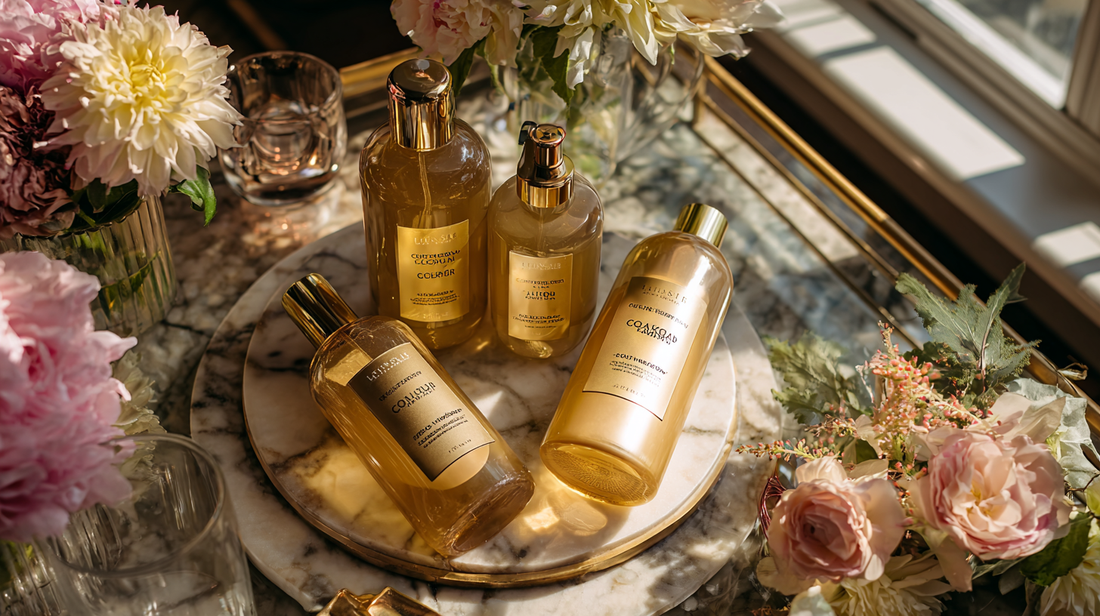 Lumiskin Cosmetics styling sprays in golden bottles on marble table with flowers