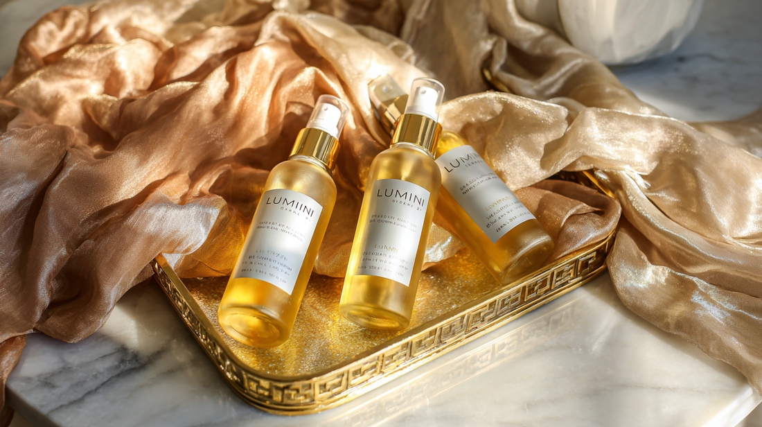 Lumiskin Cosmetics styling sprays in golden bottles on decorative tray with silk fabric