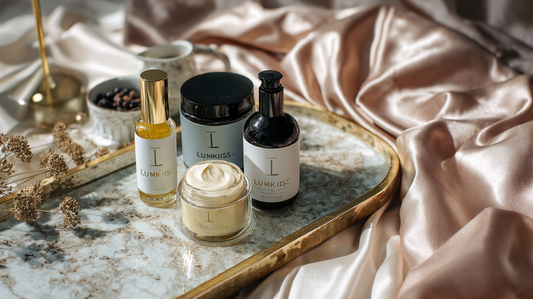 Lumiskin Cosmetics hair masks and conditioners in elegant jars and bottles on marble tray with silk fabric