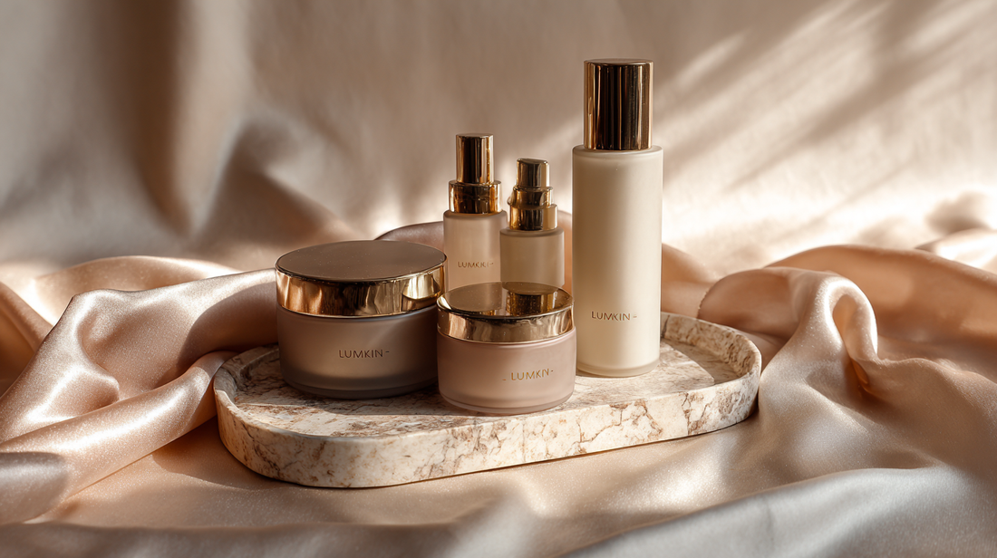 Lumiskin Cosmetics conditioners and hair care products in elegant jars and bottles on marble tray with silk fabric