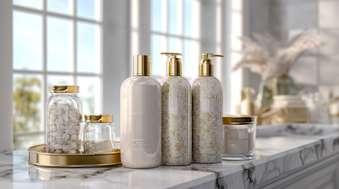 Lumiskin Cosmetics shampoos in elegant bottles on marble counter with gold tray and glass jars