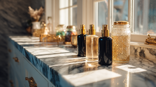Elegant hair sprays in black and gold bottles on marble counter with glass jars and natural light