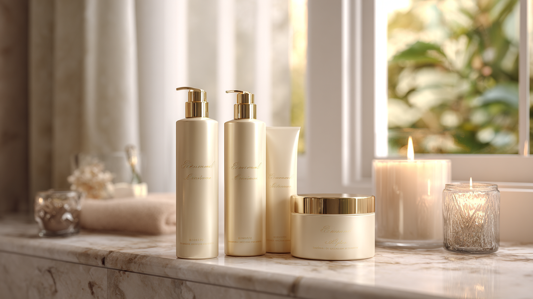 Elegant body care products in cream and gold bottles on marble counter with candles and soft natural light