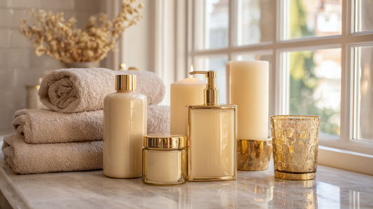 Elegant body care bottles and jars in cream and gold tones on marble counter with folded towels and candles
