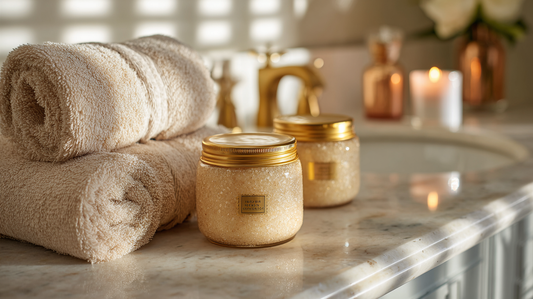 Luxury bath salts in glass jars with gold lids on marble counter beside folded towels and candles