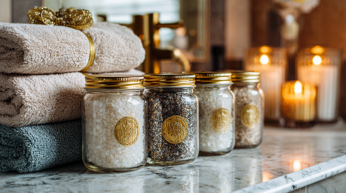 Glass jars of bath salts with gold lids on marble counter beside folded towels and candles