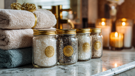 Glass jars of bath salts with gold lids on marble counter beside folded towels and candles