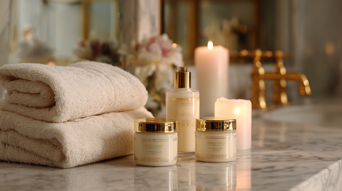 Hand creams and skincare jars in cream and gold packaging on marble counter with folded towels and candles