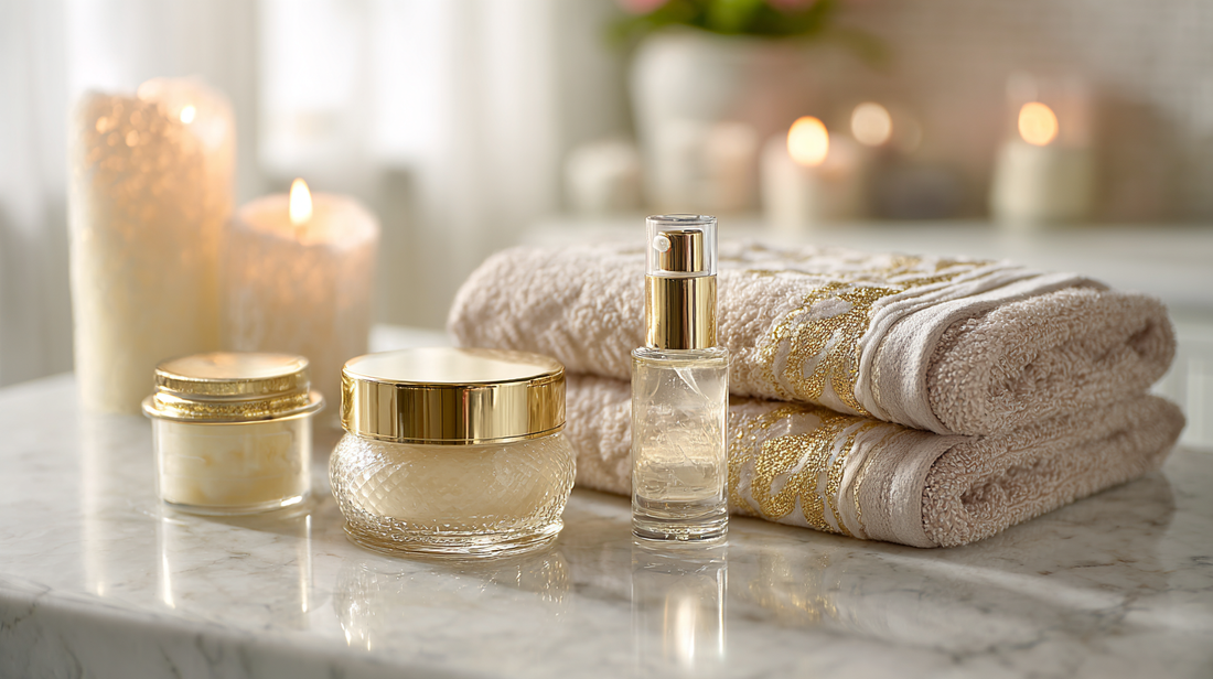 Luxury skincare jars and spray bottle on marble counter with folded towels and candles