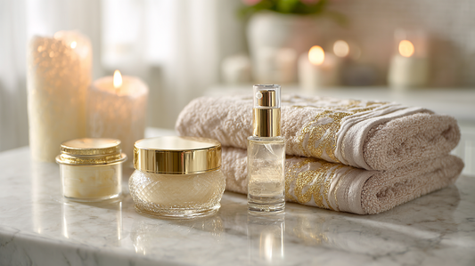 Luxury skincare jars and spray bottle on marble counter with folded towels and candles
