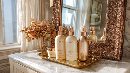 Luxury cosmetic bottles in cream and gold on a marble vanity with a decorative mirror and golden tray