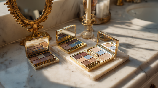 Eyeshadow palettes in gold cases on marble vanity with decorative mirror and golden tray