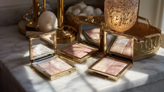 Highlighter compacts in gold cases on marble vanity with decorative tray and warm natural light