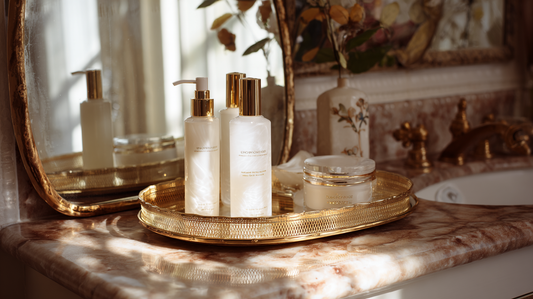Skincare bottles and jars in white and gold on a golden tray with mirror on marble vanity