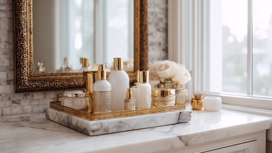 Skincare bottles and jars in white and gold on a marble vanity with golden tray, decorative mirror, and roses