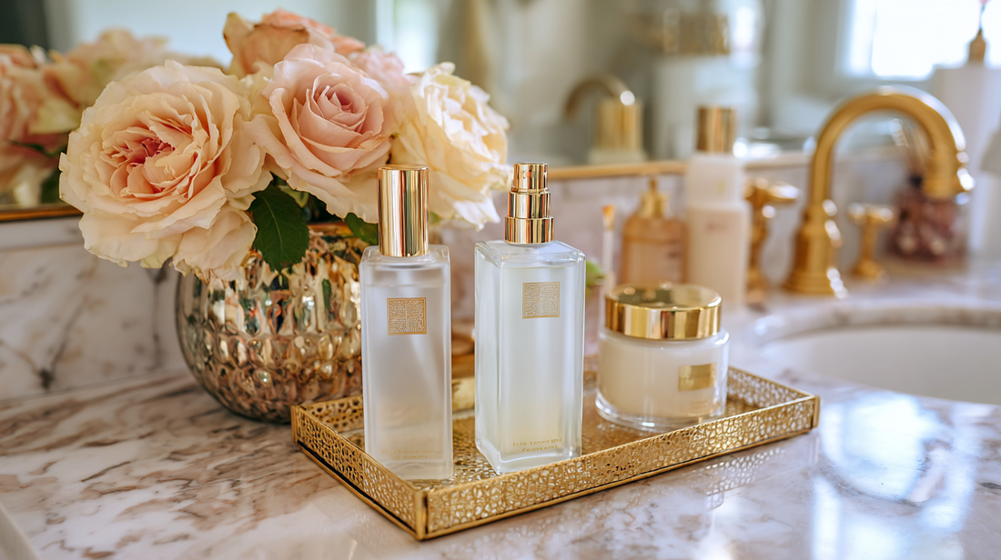 Luxury skincare serums and cream jar in clear and gold packaging on marble vanity with golden tray and roses