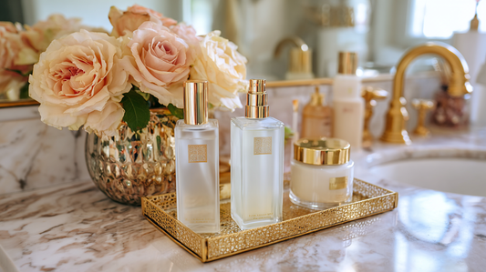 Luxury skincare serums and cream jar in clear and gold packaging on marble vanity with golden tray and roses