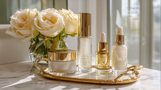 Luxury moisturizers and serum bottles in glass and gold packaging on marble vanity with golden tray and white roses
