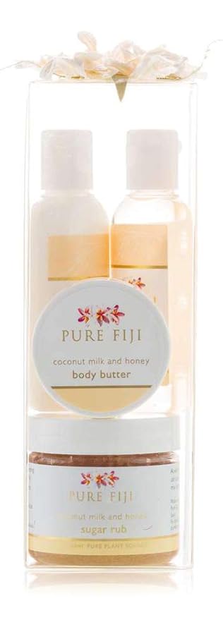 PURE FIJI Spa Gifts for Women and Man - Body Gift Box Include: Sugar Scrub 2 Oz, Bath and Body Oil 1/2 Oz, Body Butter and Body Lotion 1 Oz, Scent Сoconut Milk and Honey
