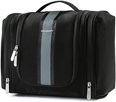 BAGSMART Toiletry Bag for Men, Travel Toiletry Organizer with hanging hook, Water-resistant Cosmetic Makeup Bag Travel Organizer for Shampoo, Full-size Container, Toiletries, Black-Medium