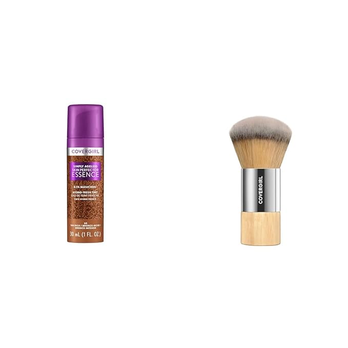 CoverGirl Simply Ageless 65 Tan-Rich Liquid Foundation Bundle with Blending Brush, Lightweight Vegan Formula for Dry Skin, 1oz