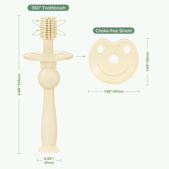 haakaa 360° Baby Toothbrush with Suction Base - Gentle Cleaning for Infant Self-Brushing Training, Food-Grade Silicone, Adjustable Safety Shield - Cream (1 Piece)