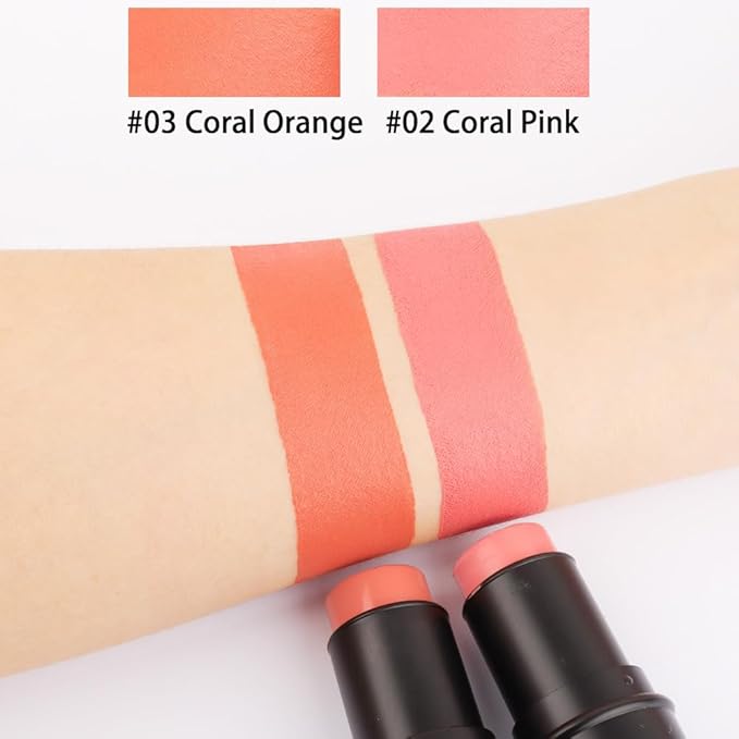 Kaely 2Pcs Cream Blush Stick for Cheeks,Coral Pink Hydrating Waterproof,02+03