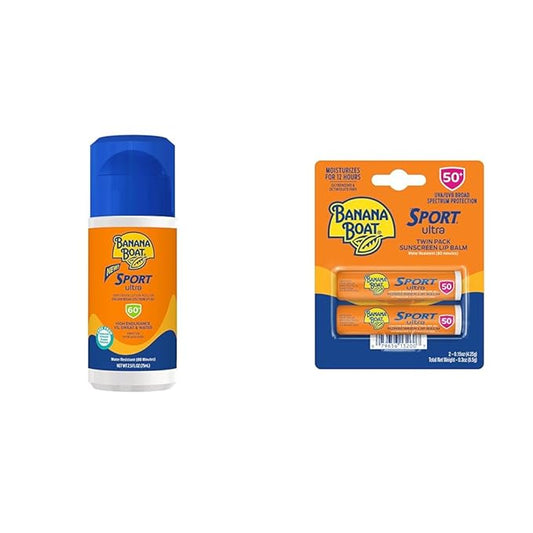 Banana Boat Sport Ultra Sunscreen Roll On SPF 60 & Lip Balm SPF 50 Twin Pack | Sunscreen Roller & Lip Balm Bundle, Travel Size