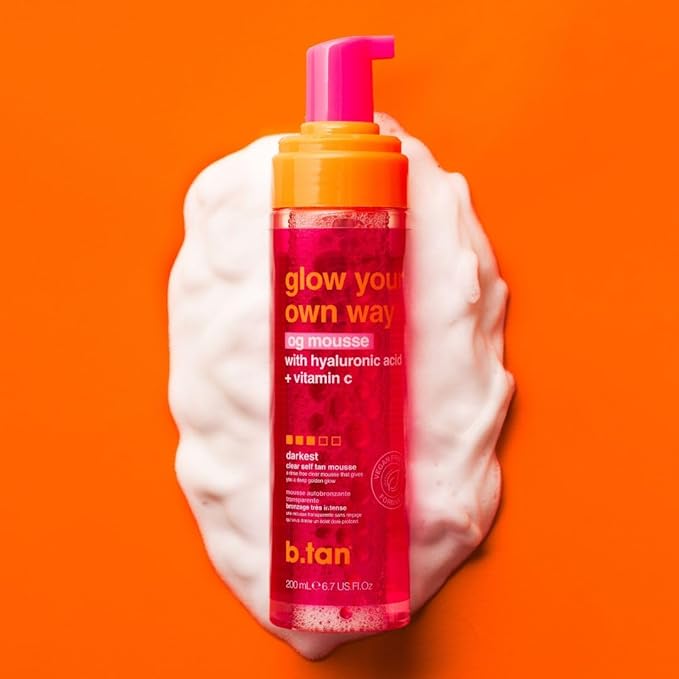 b.tan Clear Self Tanner Foam | Glow Your Own Way - Rinse Free, Best 1 Hour Express Sunless Tanning Water Mousse, Dark, No Transfer, Moisturizing, Face & Body, No Fake Tan Smell, 6.7 Fl oz