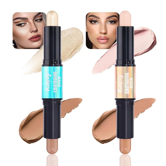 Kaely 2Pcs Cream Bronzer Highlighter Stick,Face Shaping Contouring Shades Makeup,02+17