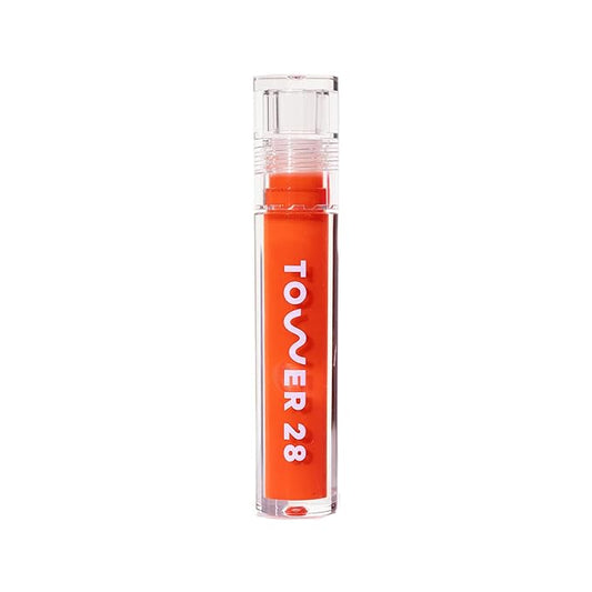 Tower 28 ShineOn Lip Jelly, FIRE, Non-Sticky, Hydrating Vegan Lip Gloss in Sheer Orange, Moisturizing Apricot and Raspberry Seed Oil, Clean, Cruelty Free