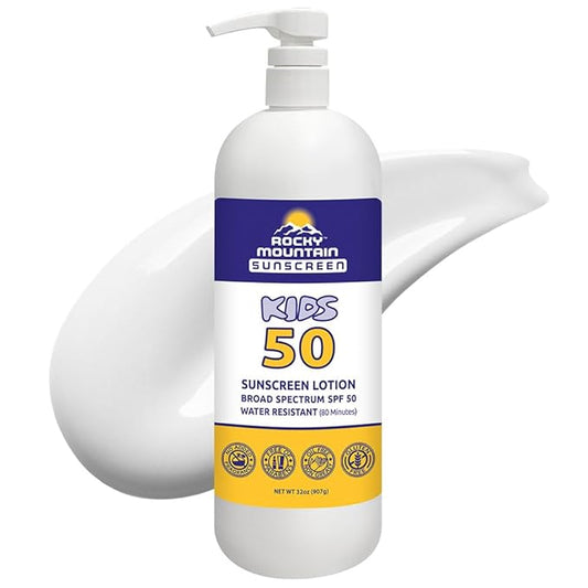 Rocky Mountain Sunscreen | SPF 50 Lotion for Kids Broad Spectrum UVA/UVB Protection | Hawaii 104 Reef Act Compliant (Oxybenzone & Octinoxate Free) | Water Resistant 80 Min. |Quart With Pump (32 Fl Oz)