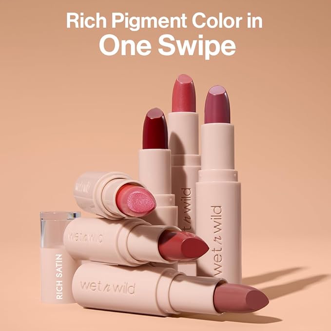 wet n wild Mega Last Rich Satin Lip Color, Rich Creamy Color with Satin Finish, Infused with Vitamin E & Moisturizing Argan Oil, Lightweight, Silky-Smooth, Vegan & Cruelty-Free - Brandy Kiss