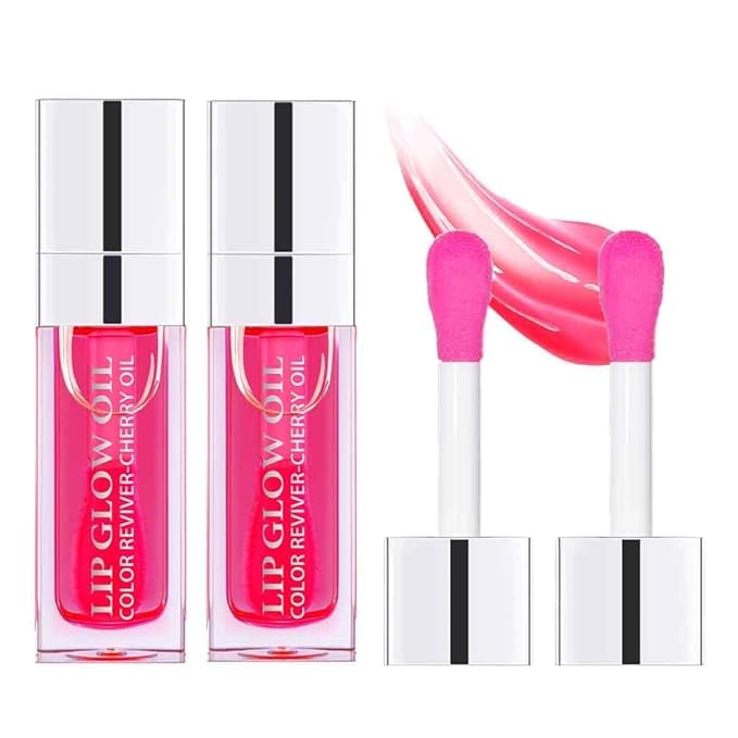 Hydrating Lip Glow Oil, Moisturizing Lip Glow Oil, Nourishing Glossy Transparent Lip Oil, Plumping Lip Oil, Lip Balm, Non-sticky Tinted Toot Lip Balm for Lip Care (SZ01881-2pcs Cherry)