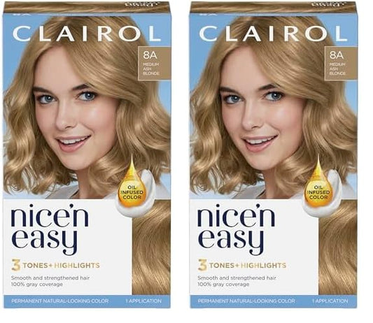 Clairol Nice'n Easy Permanent Hair Dye, 8A Medium Ash Blonde Hair Color, Pack of 2