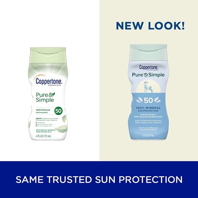 Coppertone Pure and Simple Zinc Oxide Mineral Sunscreen Lotion SPF 50, Body Sunscreen, Water Resistant, Broad Spectrum SPF 50 Sunscreen for Sensitive Skin, 6 Fl Oz Bottle