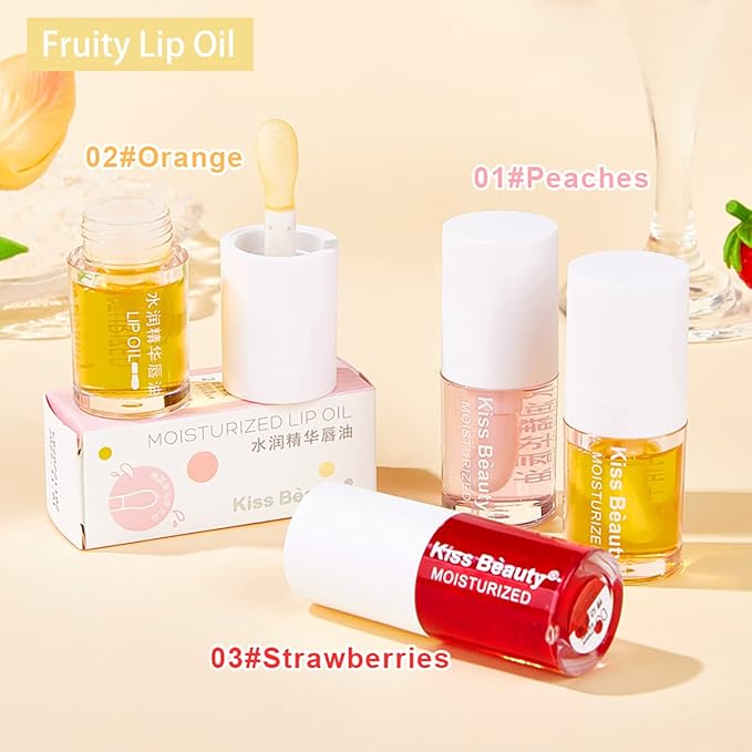 3 Pcs Fruity Plumping Lip Oil Moisturizing Hydrating Lip Care Hydrating Lip Gloss Tinted Lip Balm, Long Lasting & Nourishing Lip Glow Oil, Non-sticky Fresh Texture