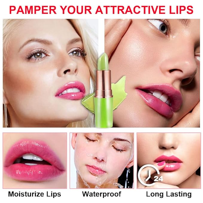 evpct 2Pcs Aloe Vera Lip Color Changing Lipstick Tinted Lip Balm Set Green Magic PH Lipstick Color Change Changing Crystal Flower Jelly Lipstick Gloss Stain Makeup Set for Women Girls Waterproof