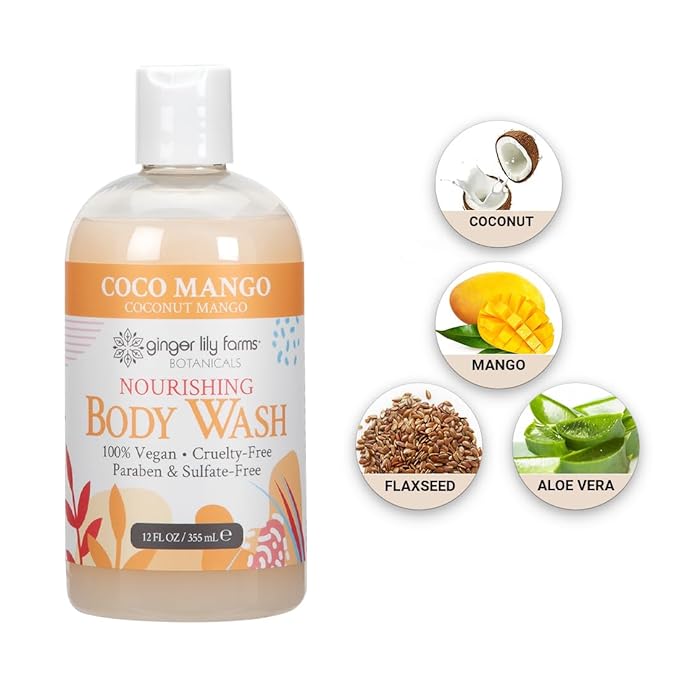 Ginger Lily Farms Botanicals Nourishing Body Wash, Coco Mango, 100% Vegan & Cruelty-Free, Coconut Mango Scent, 12 Fl Oz (Pack of 6)