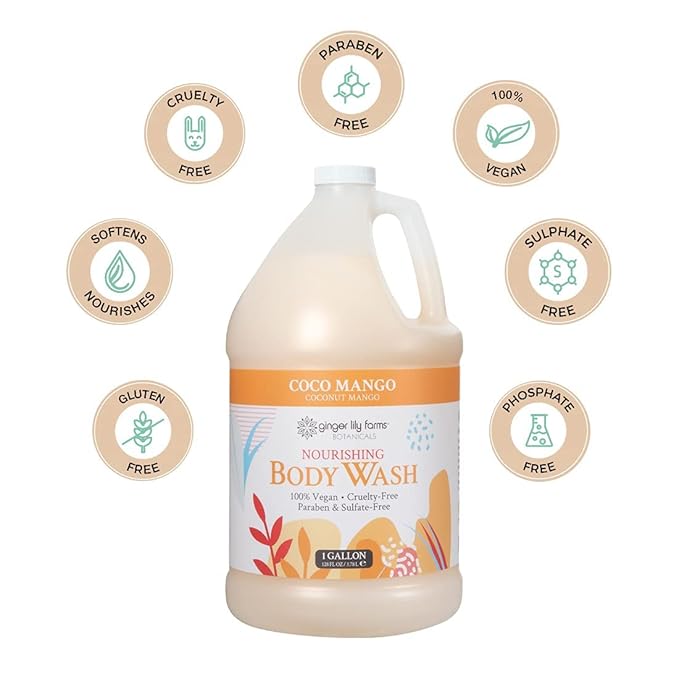 Ginger Lily Farms Botanicals Nourishing Body Wash, Coco Mango, 100% Vegan & Cruelty-Free, Coconut Mango Scent, 1 Gallon Refill 128 Ounce (Pack of 4)