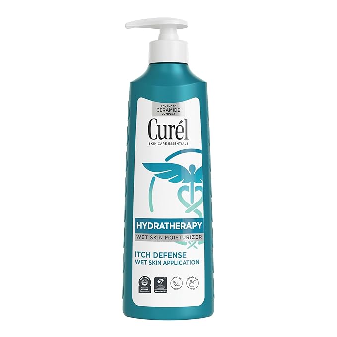 Curel Hydra Therapy, Itch Defense Moisturizer, Wet Skin Lotion, with Advanced Ceramide Complex, Vitamin E, & Oatmeal Extract, Helps to Repair Moisture Barrier, 12 Oz