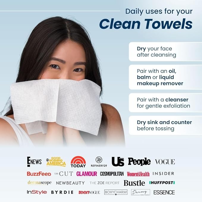 Clean Skin Club Clean Towels XL™, 100% USDA Biobased Face Towel, Disposable Face Towelette, Eczema Association Accepted, Makeup Remover Dry Wipes, Ultra Soft, 100 Ct, 2 Pack