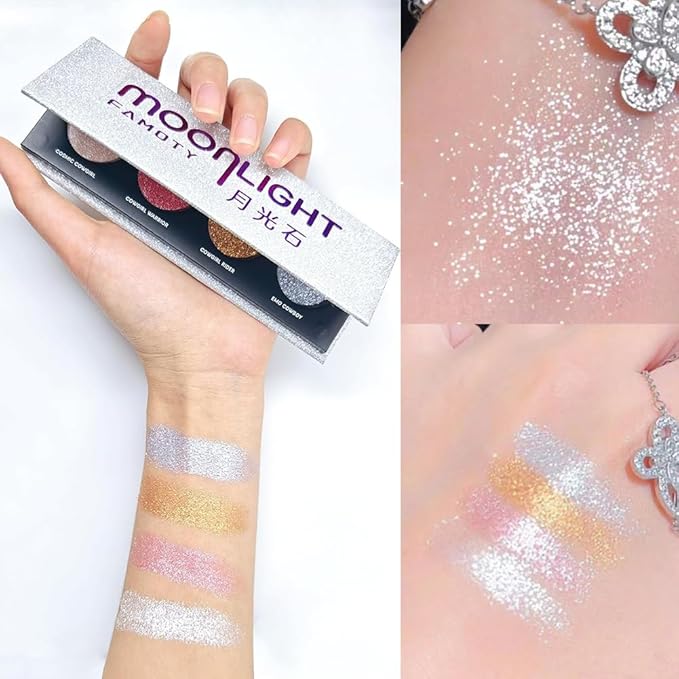 Shiny Shimmer Highlight Eye shadow Palette 4 Colors, Cosmetics Shimmer Eyeshadow Palette, Cruelty-Free and Vegan Formula, Glitter Shimmer Eyeshadow for Professional Makeup Kit (B#), Sparkly02