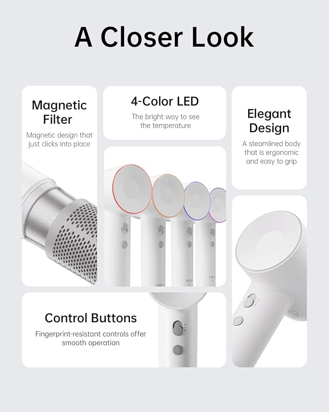 Laifen Hair Dryer SE, 200 Million Negative Ionic Blow Dryer with 105,000 RPM Brushless Motor 1400W Powerful Fast Drying High-Speed Low Noise Hairdryer with Magnetic Attachments