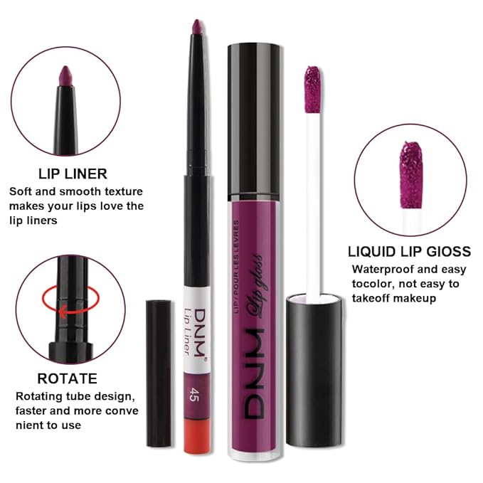 evpct 2Pcs Light Plum Purple Matte Liquid Lipstick Lip Gloss Stain and Retractable Lip Liner Makeup Set for Women Long Lasting Waterproof 24 Hours Lipstick labial mate larga duracion 24 45#